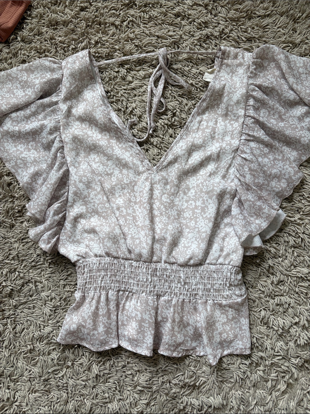 Peach Love California Cream Floral V-Neck Ruffle Blouse